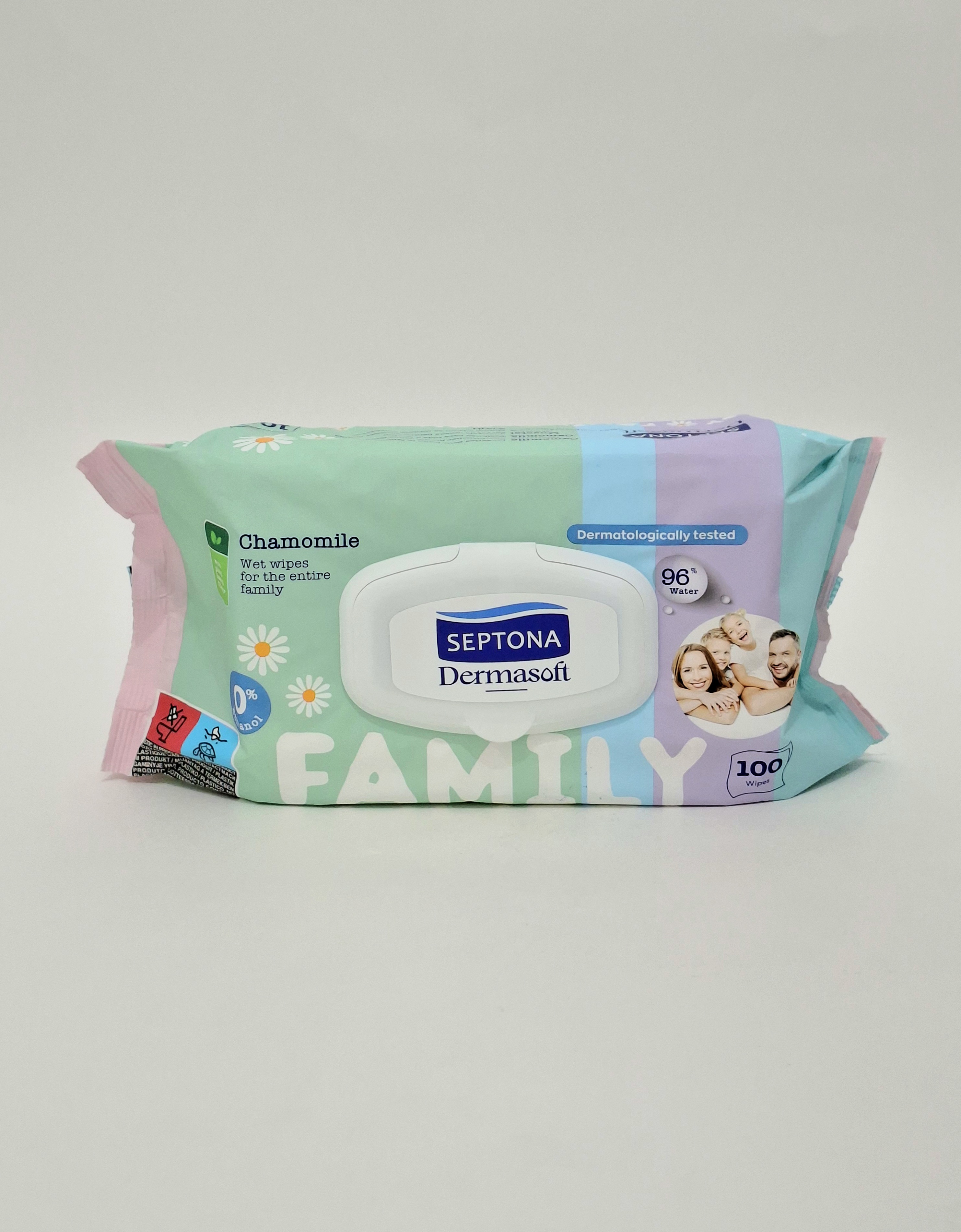 Салфетки влажные Dermasoft X 100 FAMILY с ромашкой, с крышкой, код 4233 Септона