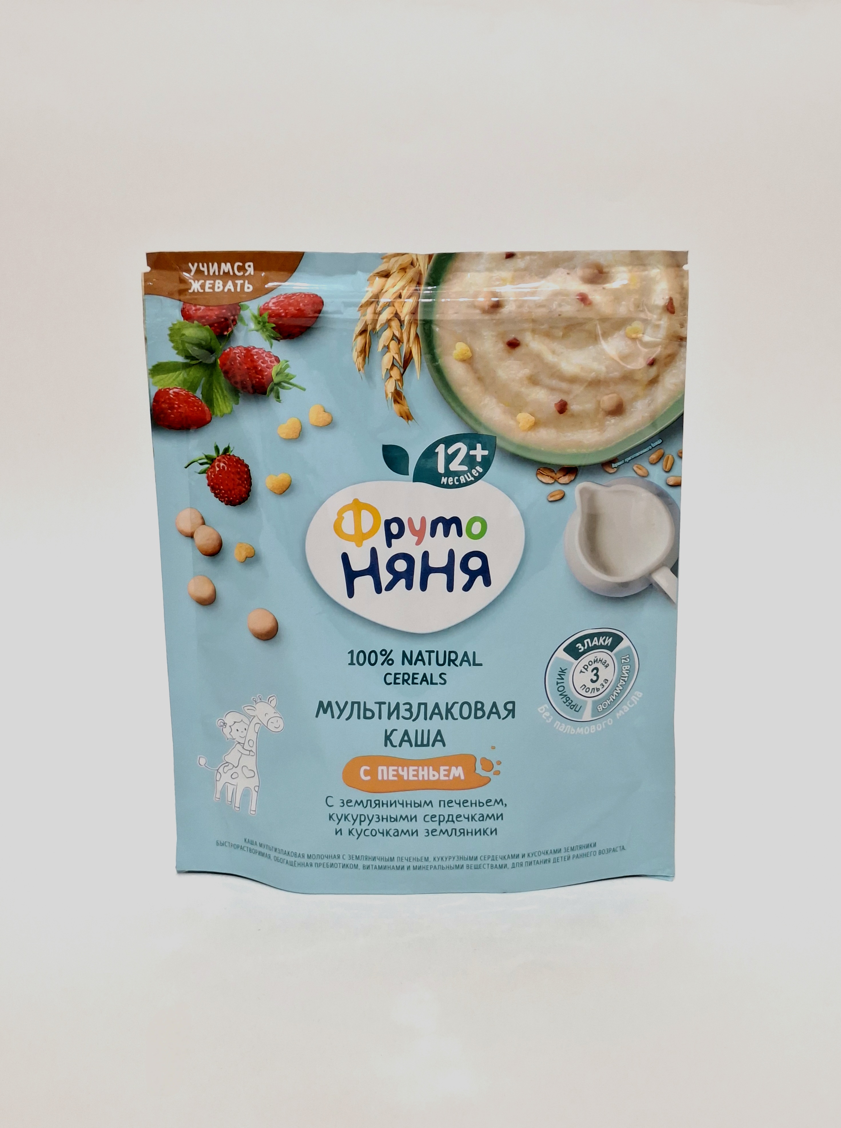 ФрутоНяня м/к Мультизлак. с Печеньем, Кукурузными Сердечками и Земляника 12+ мес. 200г Прогресс, Россия