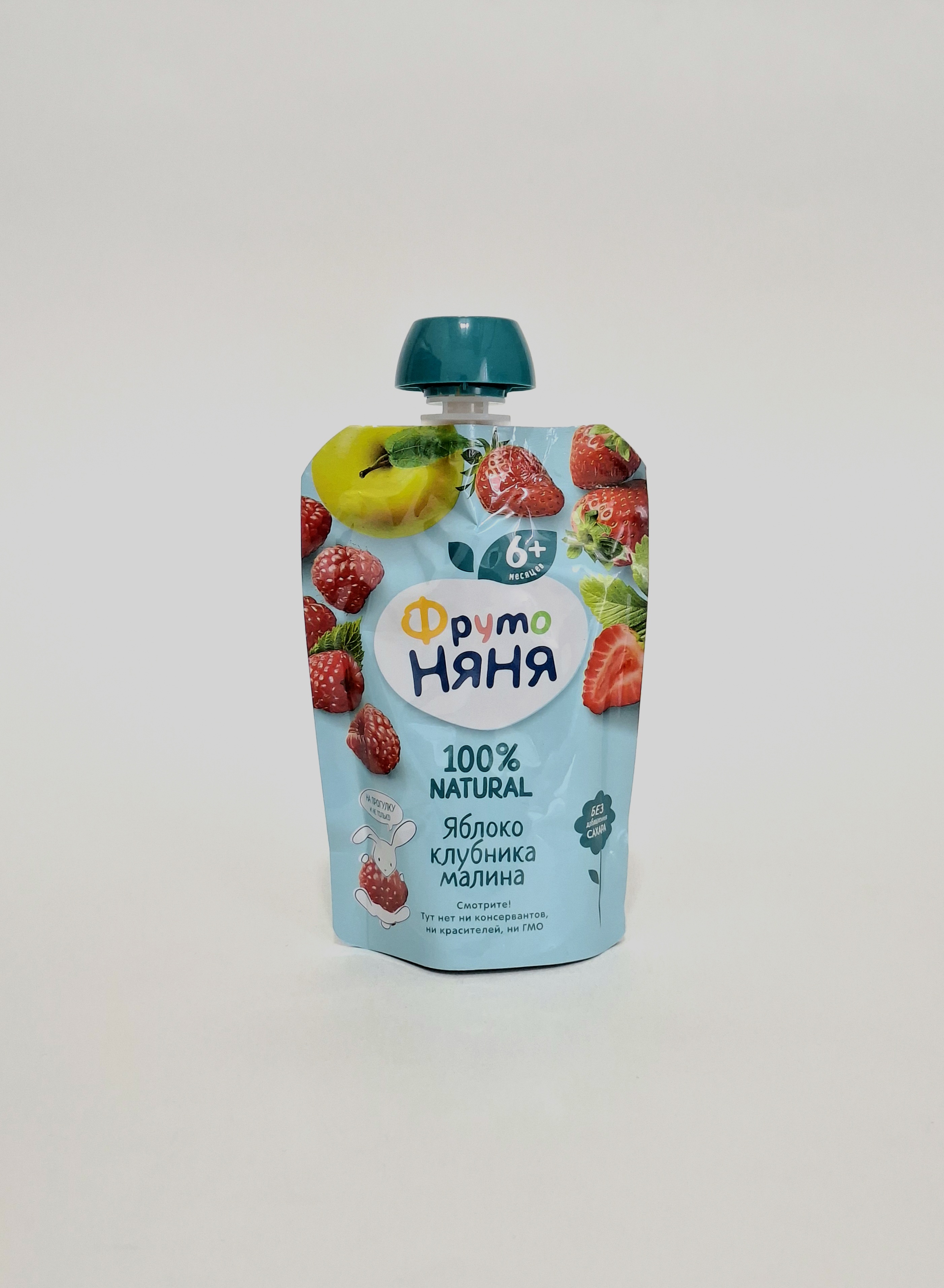 ФрутоНяня пюре Фруктовое Яблоко, Клубника, Малина 6+ мес. 90г Пауч Прогресс, Россия