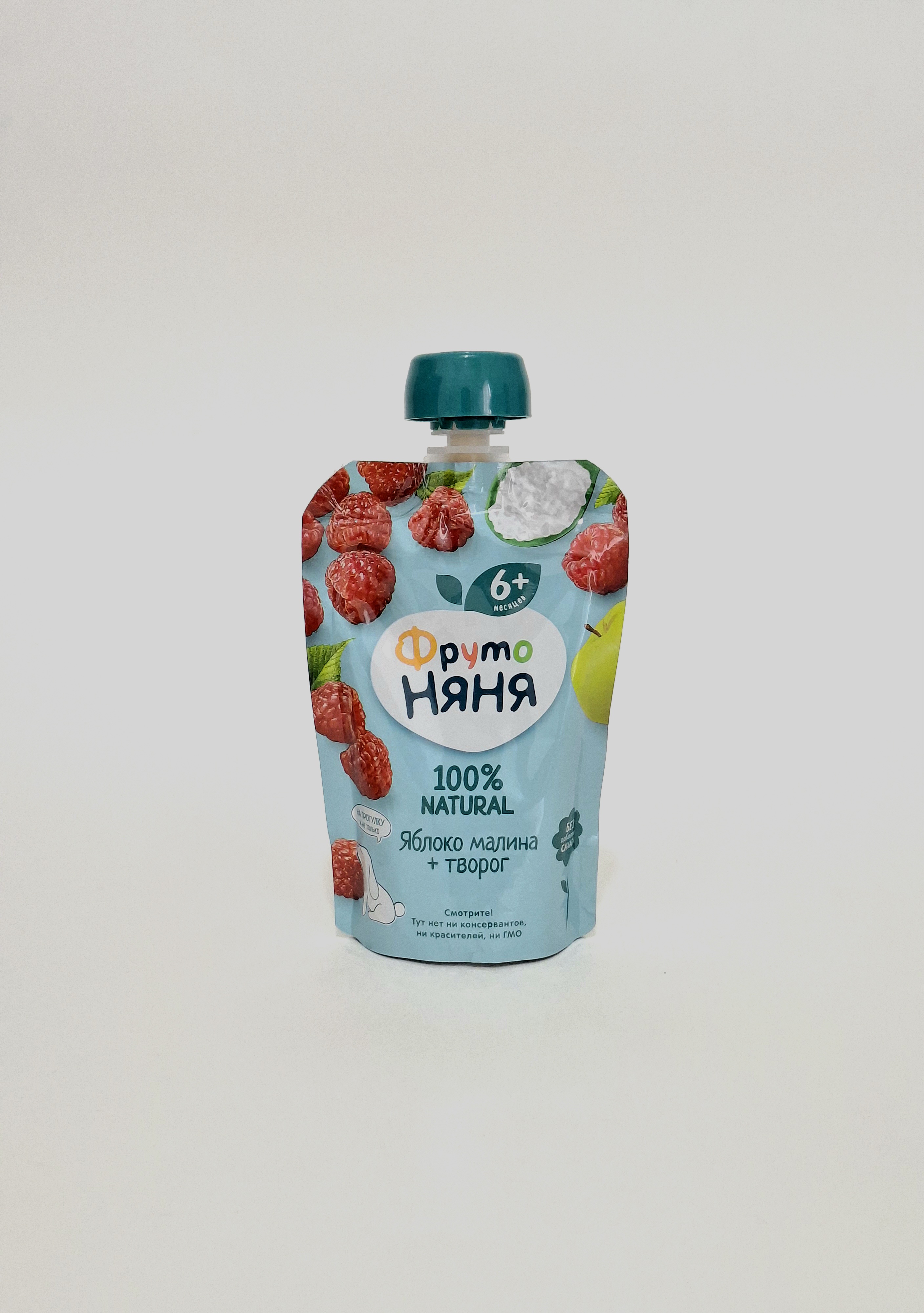 ФрутоНяня пюре Фруктовое Яблоко, Малина, Творог 6+ мес. 90г Пауч Прогресс, Россия