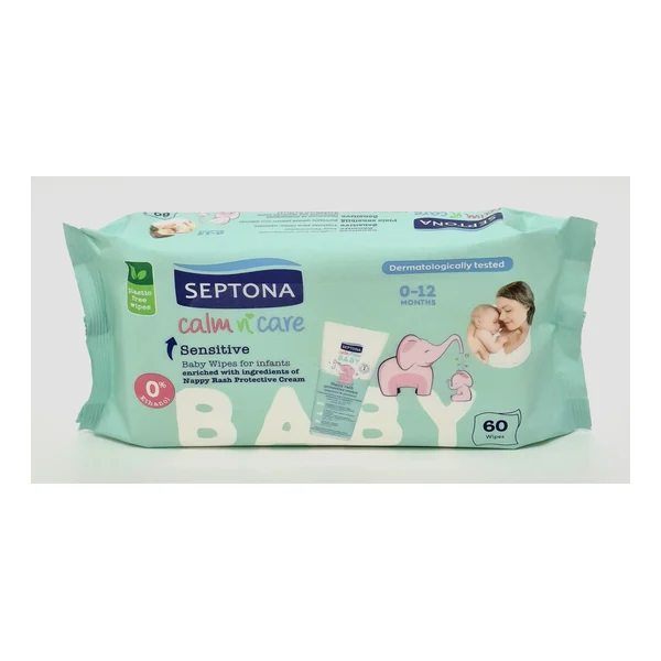 Салфетки влажные Calm n'Care X 60 SENSITIVE 0-12m (обогощ. кремом под подгузн.) код 4257 Септона