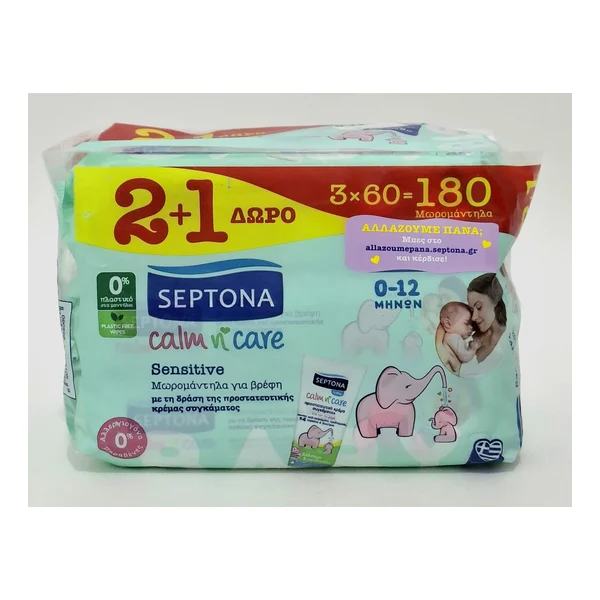 Салфетки влажные Calm n'Care X 180 (3x60) SENSITIVE 0-12m (обогощ. кр. под подгузн.), код 4080 Септона