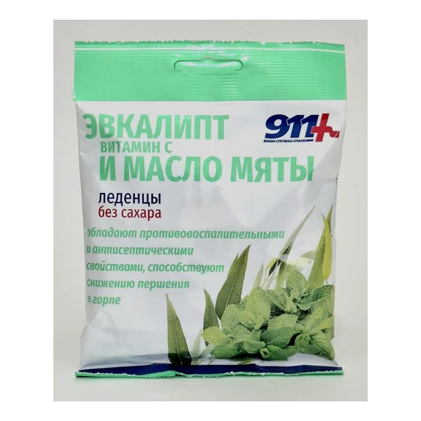 911 Lozenges sugar-free eucalyptus vitamin C m-lo myaty 50g x 20 Tvins Tek Russia
