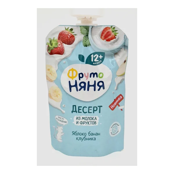 ФрутоНяня десерт Молоко, Яблоко, Банан, Клубника 12+ мес. 90г Пауч Прогресс, Россия