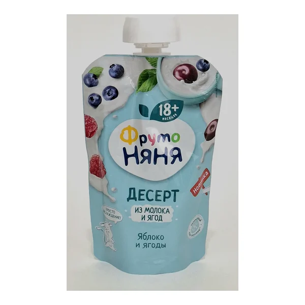 ФрутоНяня десерт Молоко, Яблоко, Ягоды 18+ мес. 90г Пауч Прогресс, Россия