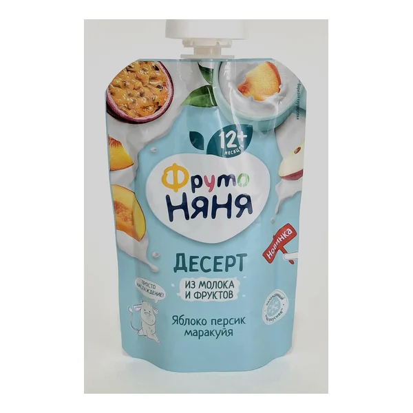 ФрутоНяня десерт Молоко, Яблоко, Персик, Маракуйя 12+ мес. 90г Пауч Прогресс, Россия