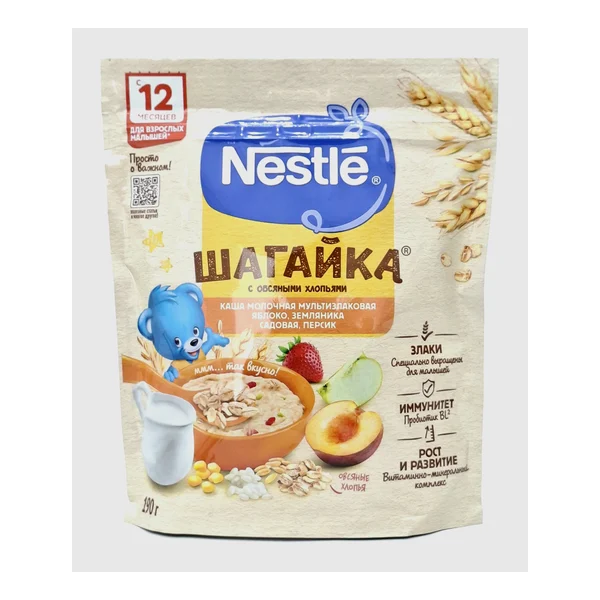 Shagayka m/k s ovsyanymi khlopyami yabloko, zemlyanika, persik s 12 months. 190 g Nestle
